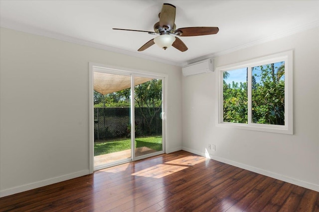 unfurnished room featuring ceiling fan, ornamental molding, dark hardwood / wood-style flooring, and a wall mounted AC