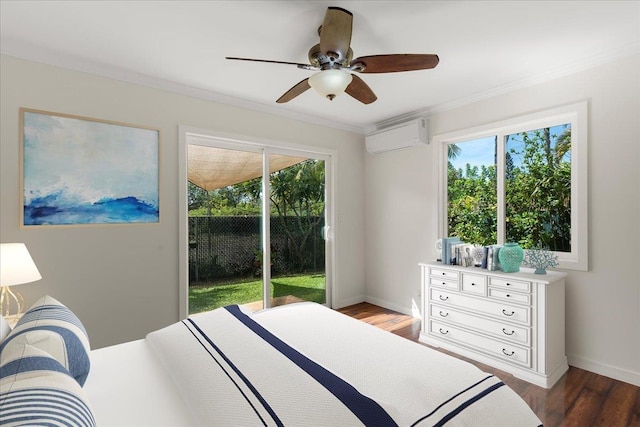 bedroom featuring multiple windows, a wall mounted air conditioner, access to exterior, and dark hardwood / wood-style flooring