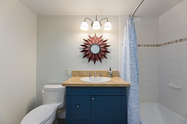 bathroom with toilet, vanity, and shower / bathtub combination with curtain