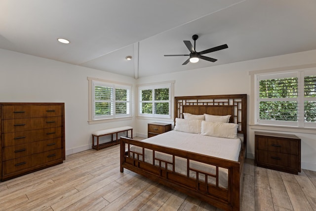 bedroom featuring recessed lighting, baseboards, light wood-style floors, and a ceiling fan