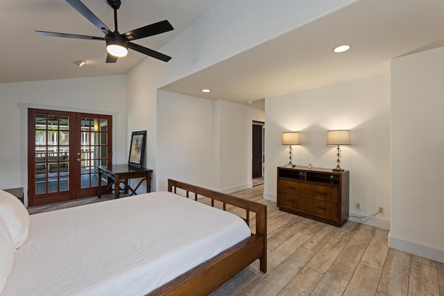 bedroom featuring a ceiling fan, lofted ceiling, light wood-style flooring, recessed lighting, and french doors