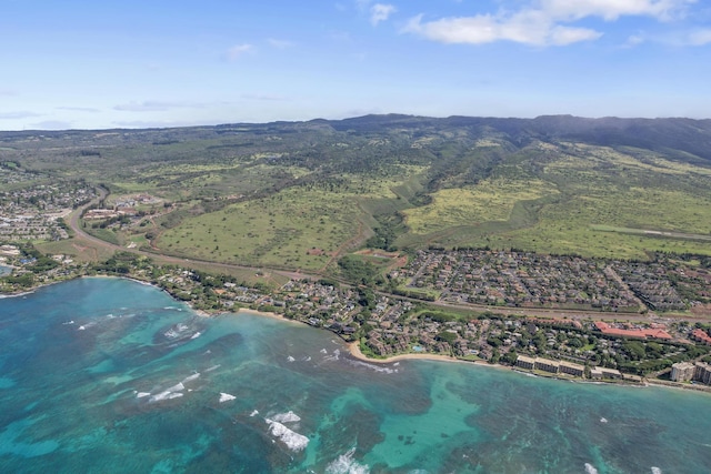 aerial view with a water and mountain view