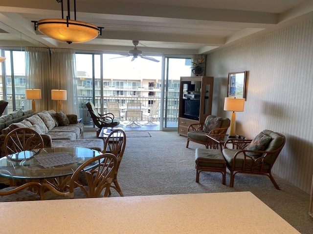 carpeted living room featuring beamed ceiling, floor to ceiling windows, a healthy amount of sunlight, and ceiling fan