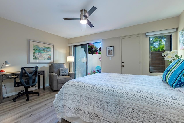 bedroom with access to exterior, ceiling fan, and light wood-type flooring