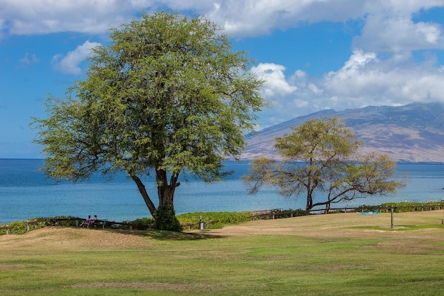 view of community featuring a yard and a water and mountain view