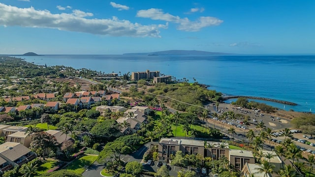 drone / aerial view with a water and mountain view