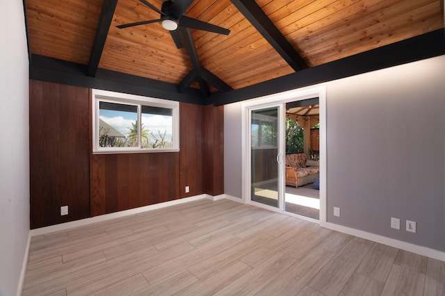 unfurnished room with wood ceiling, ceiling fan, vaulted ceiling with beams, light hardwood / wood-style floors, and wood walls