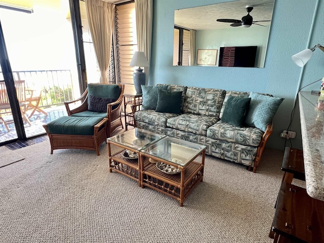 190 Hauoli St Unit 220, Wailuku, HI 96793 - living room with carpet flooring, a ceiling fan, and a textured wall