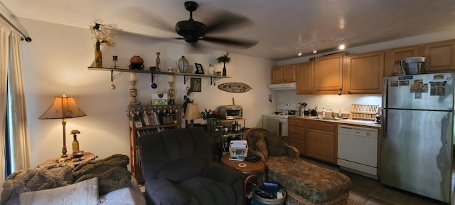 kitchen featuring ceiling fan, sink, white appliances, and rail lighting