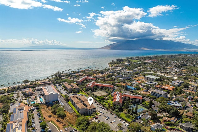 birds eye view of property featuring a water and mountain view