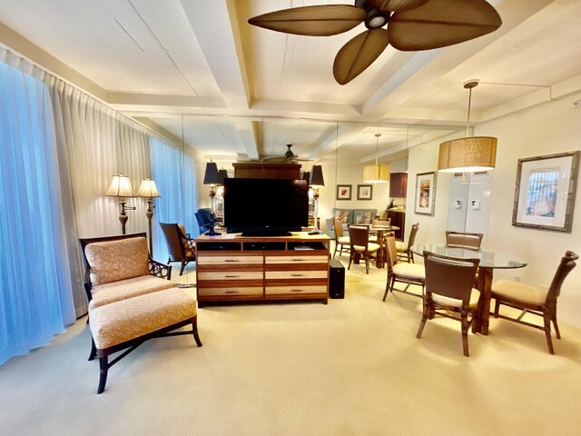 living area with ceiling fan, carpet flooring, and beam ceiling