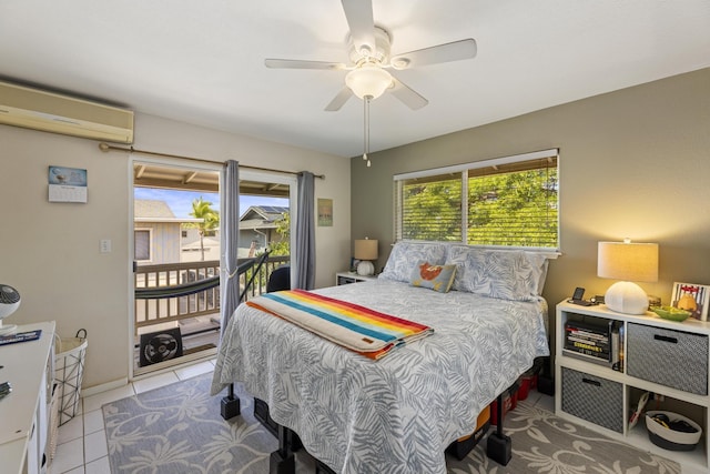 tiled bedroom with access to outside, ceiling fan, and a wall mounted AC