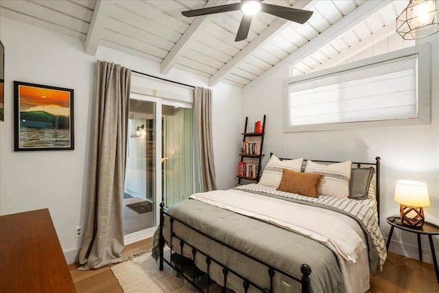 bedroom featuring wood finished floors, ceiling fan, and wood ceiling