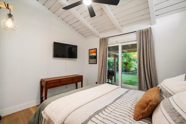 bedroom with wood finished floors, baseboards, wooden ceiling, and a ceiling fan