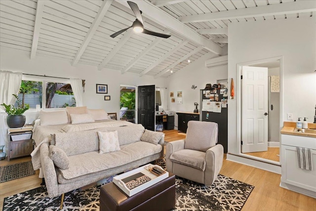 living area featuring a ceiling fan, light wood finished floors, wooden ceiling, and a wall mounted AC