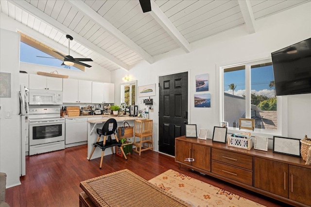 living area featuring beamed ceiling, dark wood-type flooring, a ceiling fan, high vaulted ceiling, and wood ceiling