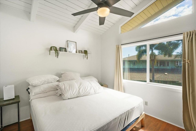 bedroom featuring wood finished floors, ceiling fan, wooden ceiling, and baseboards