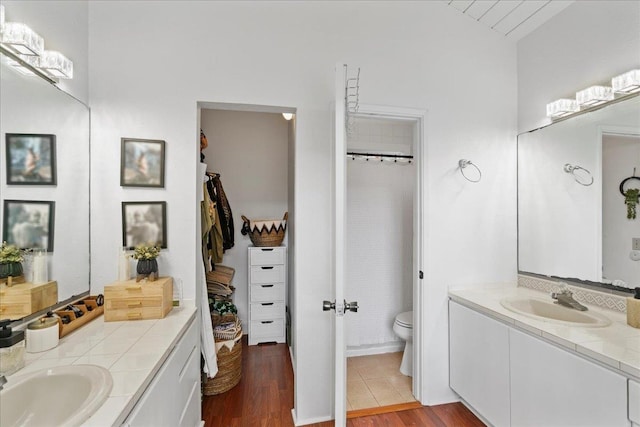 bathroom featuring wood finished floors, toilet, and vanity