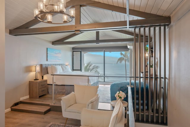 bedroom with vaulted ceiling with beams, baseboards, an inviting chandelier, wood finished floors, and wood ceiling
