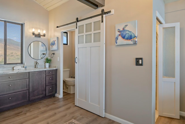 bathroom featuring baseboards, wood finished floors, toilet, and vanity