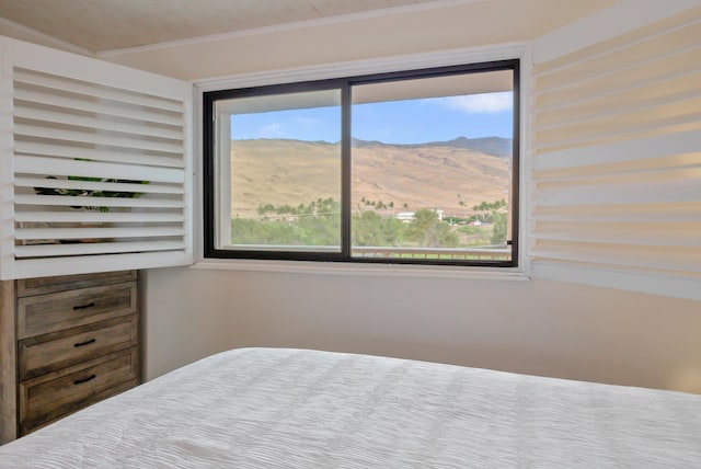 bedroom featuring a mountain view