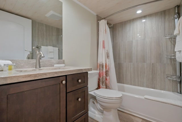 full bath with toilet, recessed lighting, wood finished floors, shower / bathtub combination with curtain, and vanity