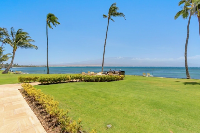 view of community featuring a lawn and a water view