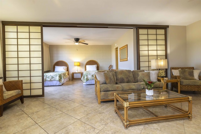 living room featuring ceiling fan