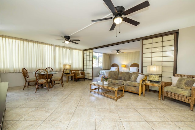 living room with light tile patterned flooring