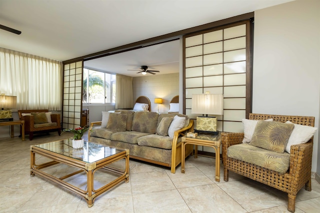 living room with ceiling fan