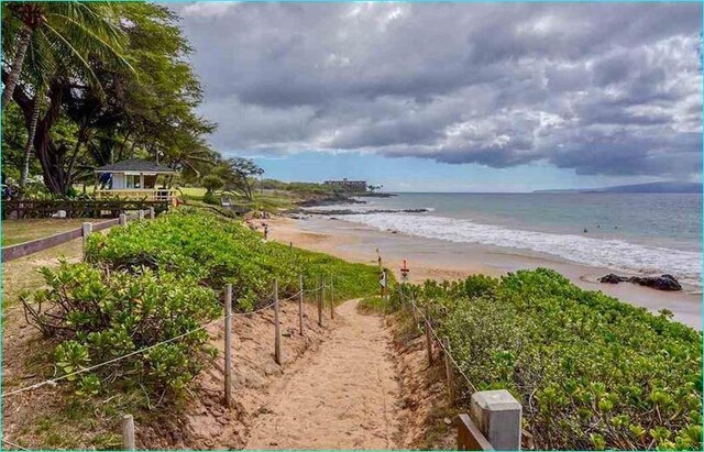 property view of water featuring a beach view