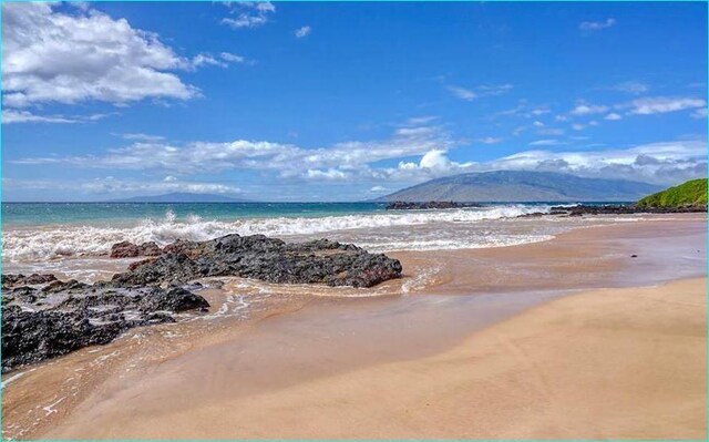 view of water feature with a beach view