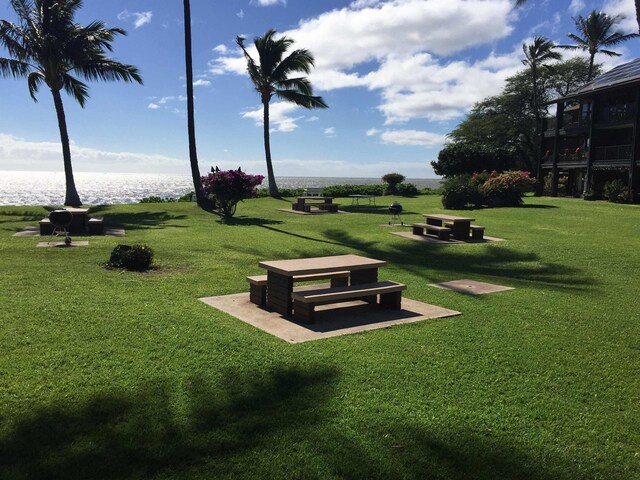 view of property's community with a water view and a lawn