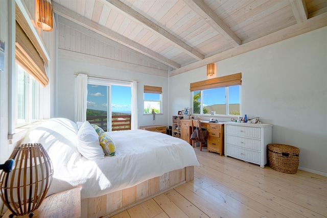 bedroom featuring wood ceiling, lofted ceiling with beams, and light hardwood / wood-style floors