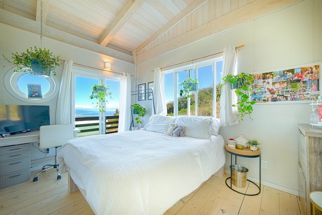 bedroom with built in desk, light hardwood / wood-style flooring, lofted ceiling with beams, and wood ceiling