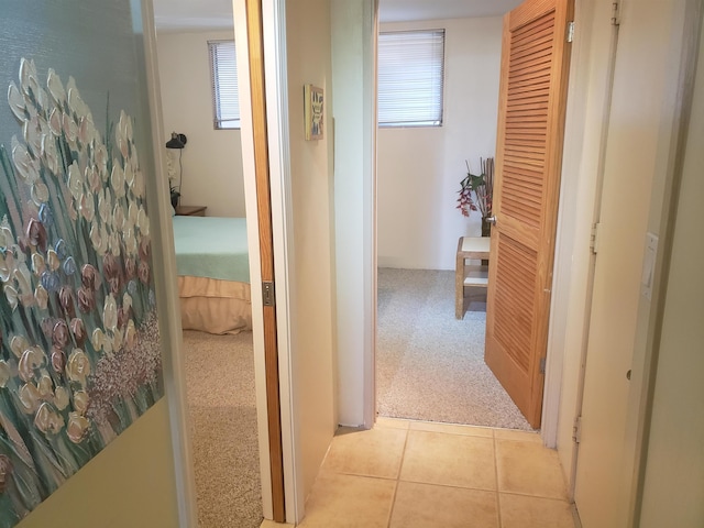 hallway featuring a wealth of natural light and light colored carpet