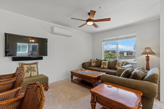 carpeted living room with ceiling fan and a wall mounted AC