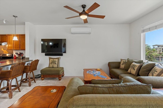 living room with ceiling fan, light carpet, and a wall mounted AC