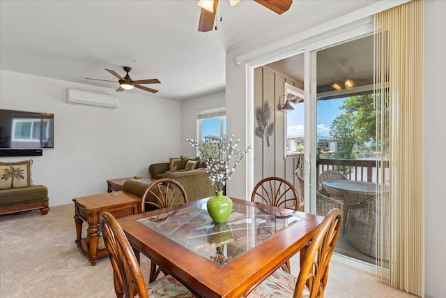 carpeted dining room featuring a wall mounted air conditioner and ceiling fan