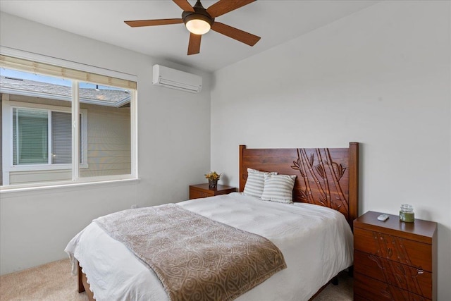 bedroom featuring light colored carpet, an AC wall unit, and ceiling fan