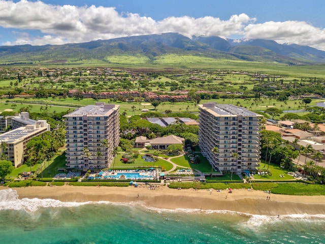 bird's eye view featuring a water and mountain view