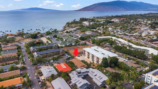 birds eye view of property with a water and mountain view