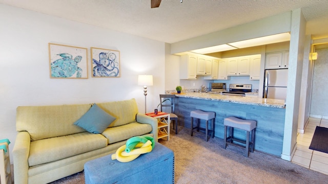 carpeted living room with ceiling fan, sink, and a textured ceiling