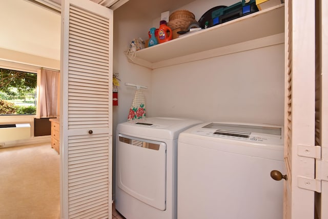 laundry room featuring washing machine and clothes dryer and carpet flooring