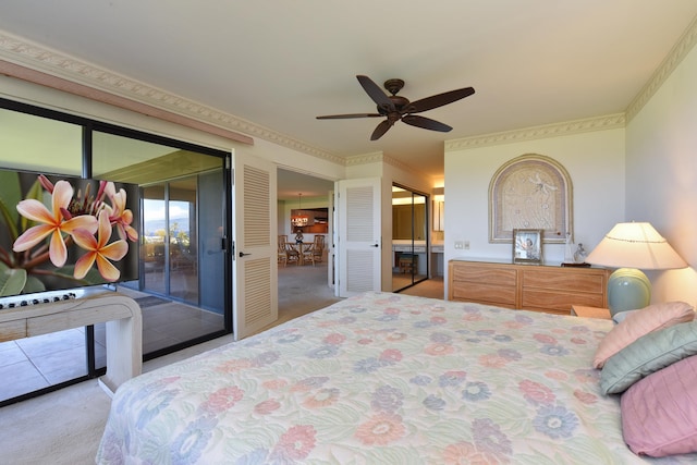 bedroom featuring light carpet, ceiling fan, and access to outside