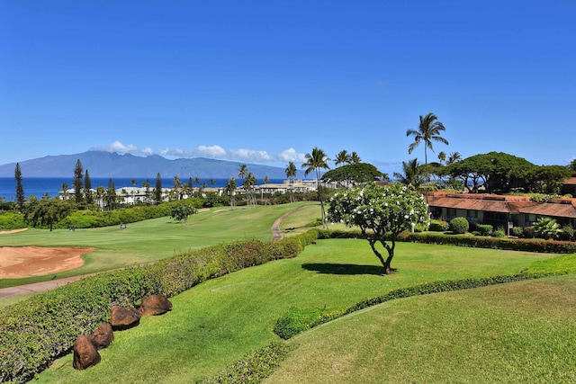 view of property's community with a lawn and a mountain view