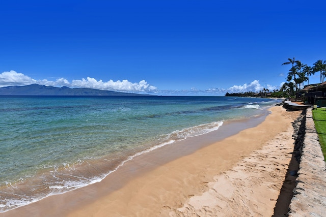 property view of water with a mountain view and a beach view