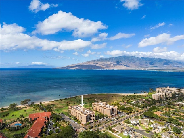 aerial view with a water and mountain view