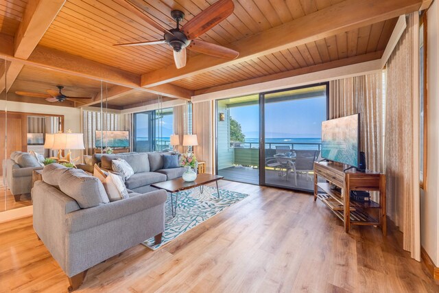 living room with wood-type flooring, wooden ceiling, beamed ceiling, and ceiling fan