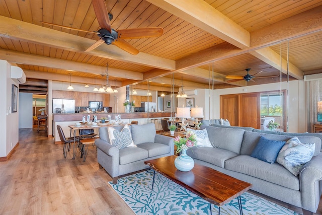 living room featuring wood ceiling, light wood-type flooring, and beamed ceiling